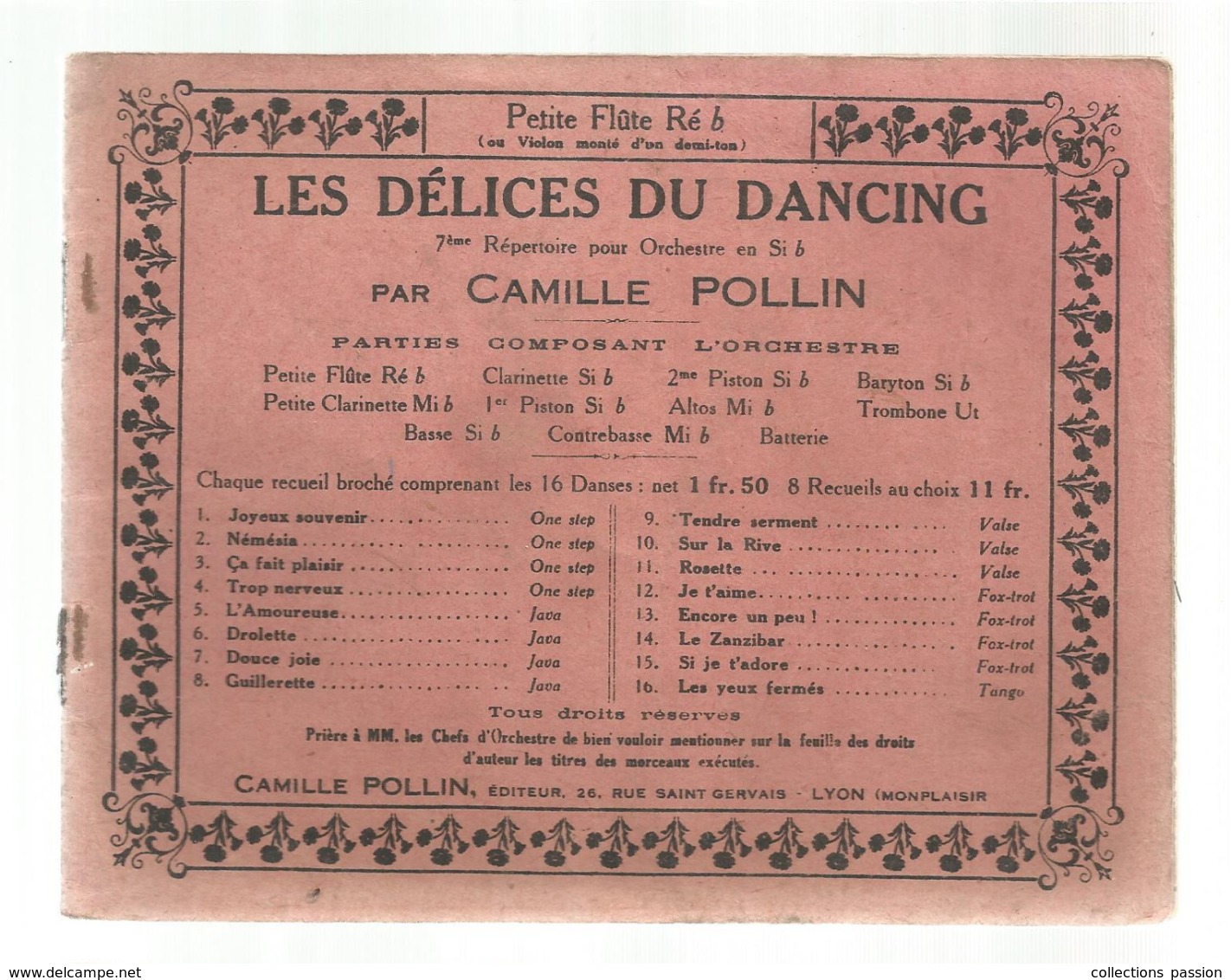 Partition Musicale Ancienne ,LES DELICES DU DANCING ,Camille POLLIN ,petite Flûte Ré B , Frais Fr 2.50 E - Scores & Partitions