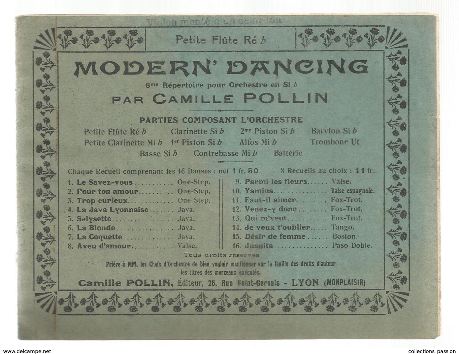 Partition Musicale Ancienne , MODERN' DANCING ,Camille POLLIN , Petite Flûte Ré B , Frais Fr 2.50 E - Scores & Partitions