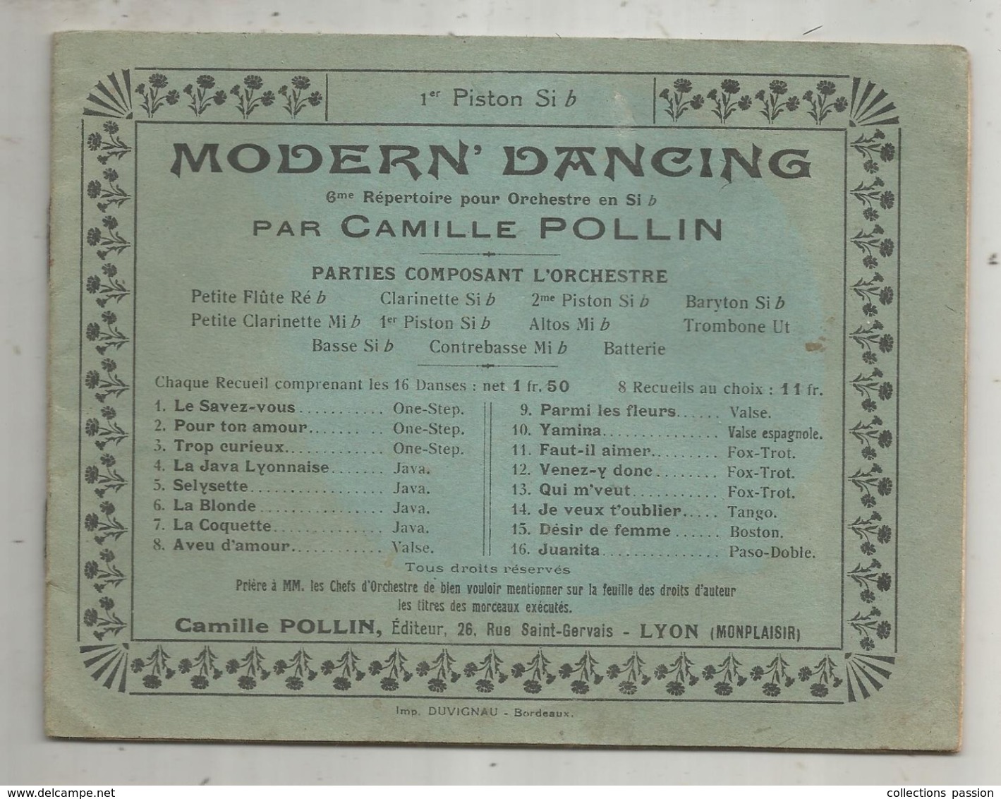 Partition Musicale Ancienne , MODERN' DANCING ,Camille POLLIN , 1 Er Piston Si B , Frais Fr 2.50 E - Scores & Partitions