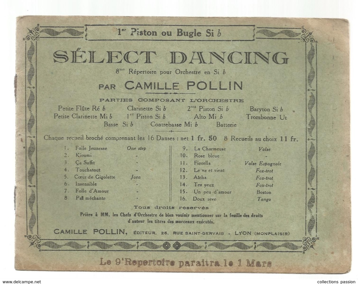 Partition Musicale Ancienne , SELECT DANCING ,Camille POLLIN , 1 Er Piston Ou Bugle Si B , Frais Fr 2.50 E - Partitions Musicales Anciennes