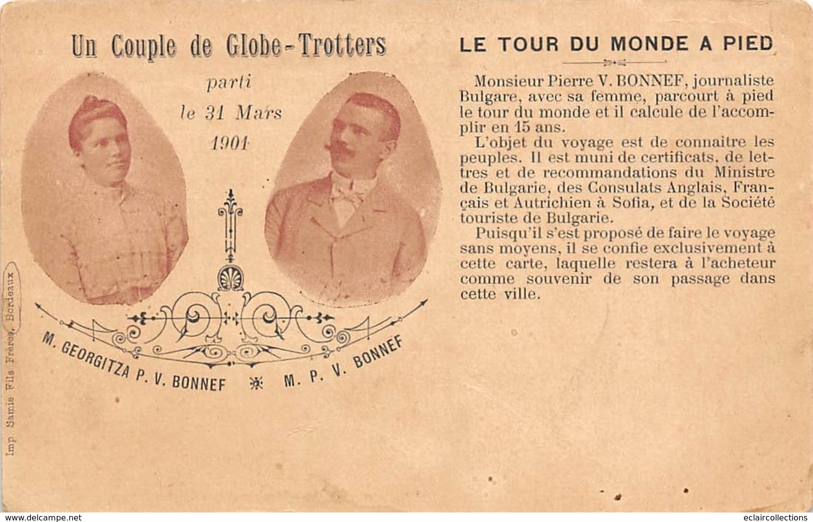 Thème:     Cirque. Couple De Globe-trotters Tour Du Monde A Pied. M Et Mme Bonnef.  Edité A  Bordeaux  33  (Voir Scan) - Circus