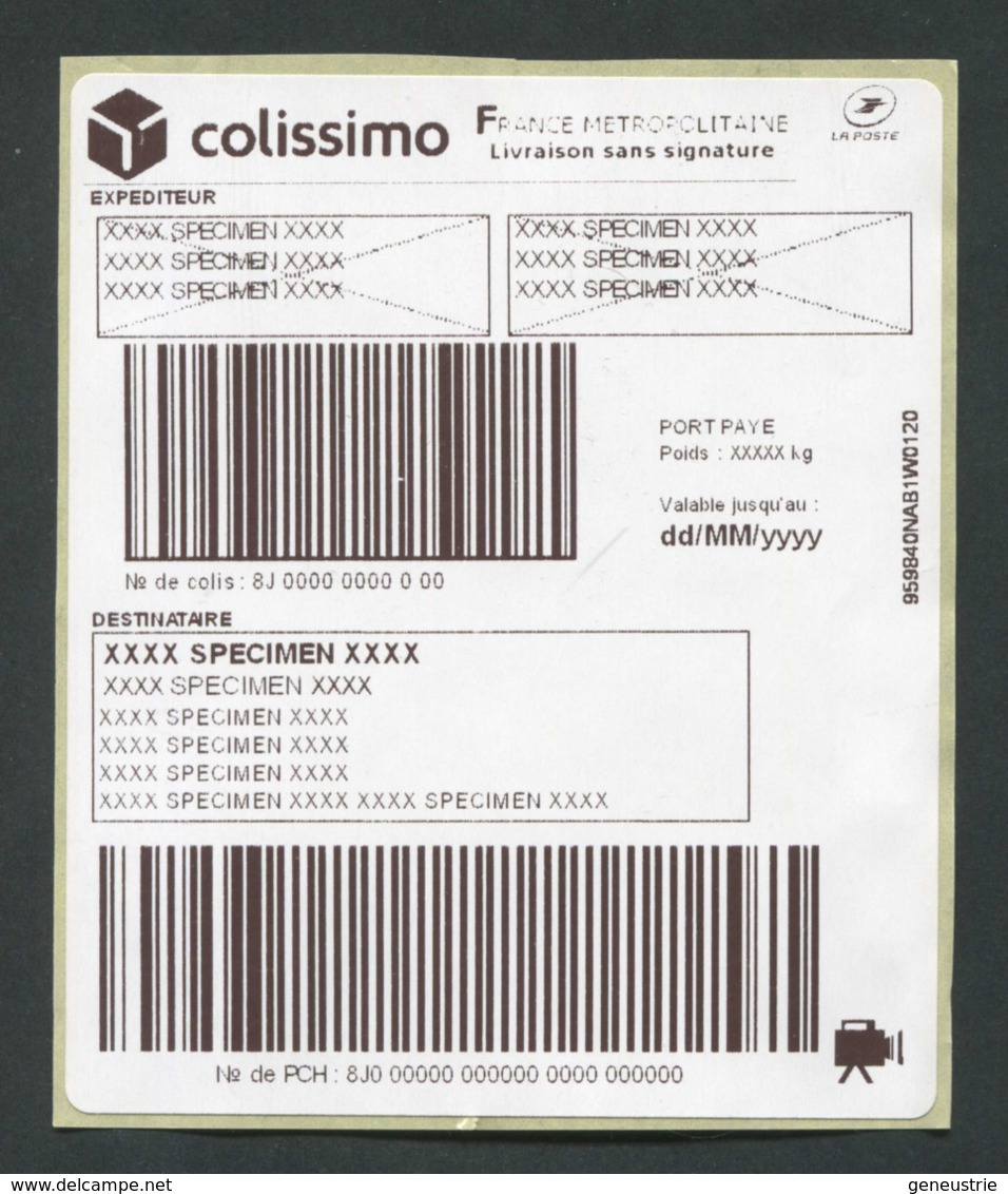 Vignette D'affranchissement Specimen Autocollante "Colissimo" Colis Postal - Autres & Non Classés