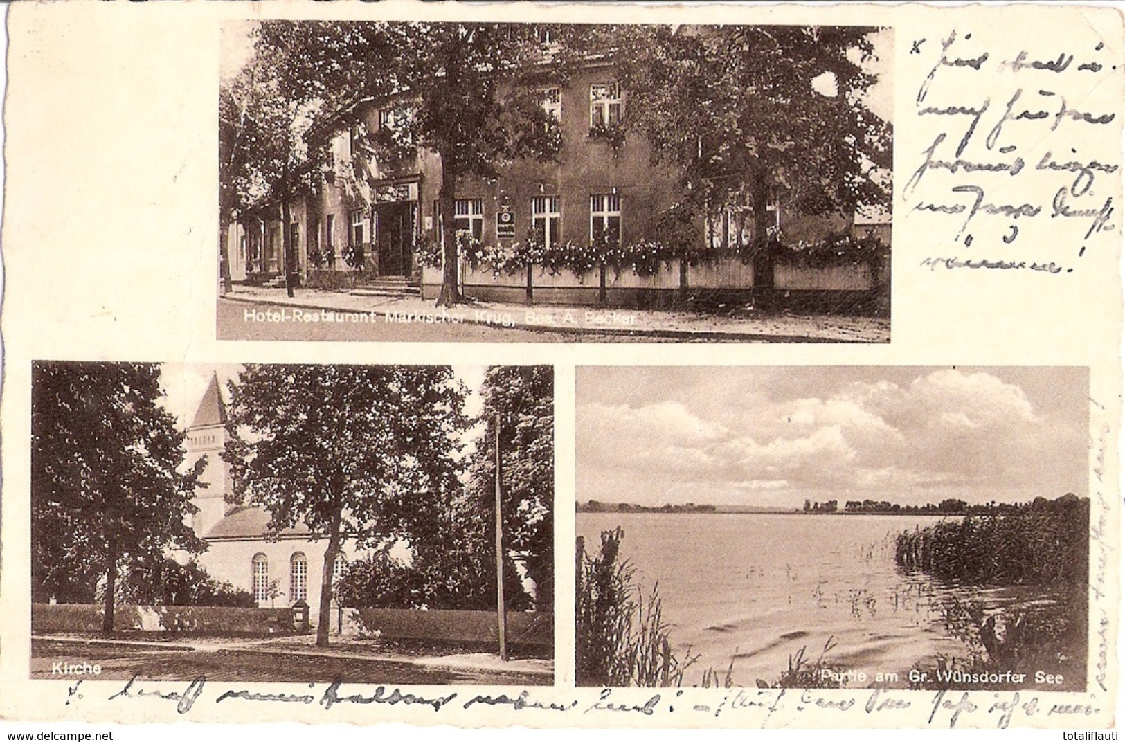 WÜNSDORF Zossen Kr Teltow Hotel Restaurant Märkischer Krug Solide Preise Kirche Braune Fotokarte 3.5.1939 Gelaufen - Zossen