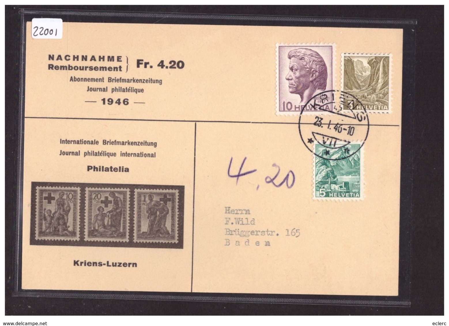 GRÖSSE 10x15cm - KRIENS - INTERNATIONALE BRIEFMARKENZEITUNG - ABONNEMENT 1946 - TB - Kriens