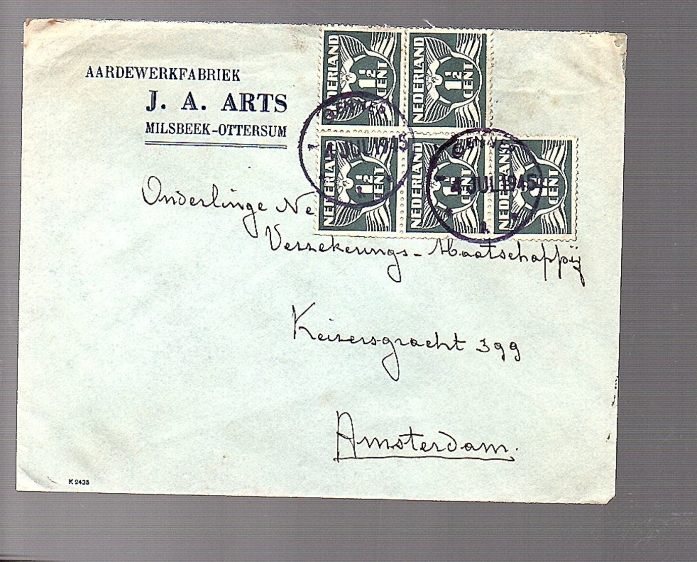 NOODSTEMPEL Gennep 4.7.1945 Aardewerkfabriek Arts Milsbeek-Ottersum (FH-52) - Briefe U. Dokumente