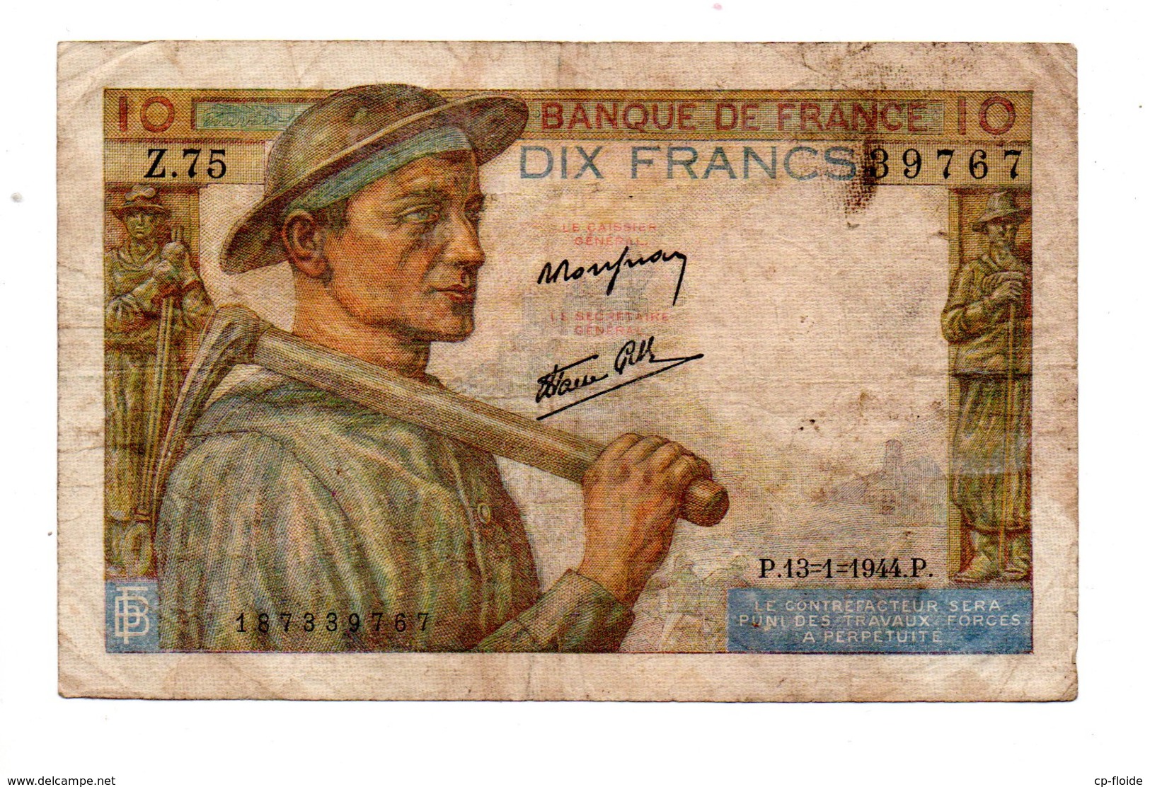 FRANCE . 10 FRANCS . TYPE " MINEUR " 13-01-1944 - Réf. N°22906 - - 10 F 1941-1949 ''Mineur''