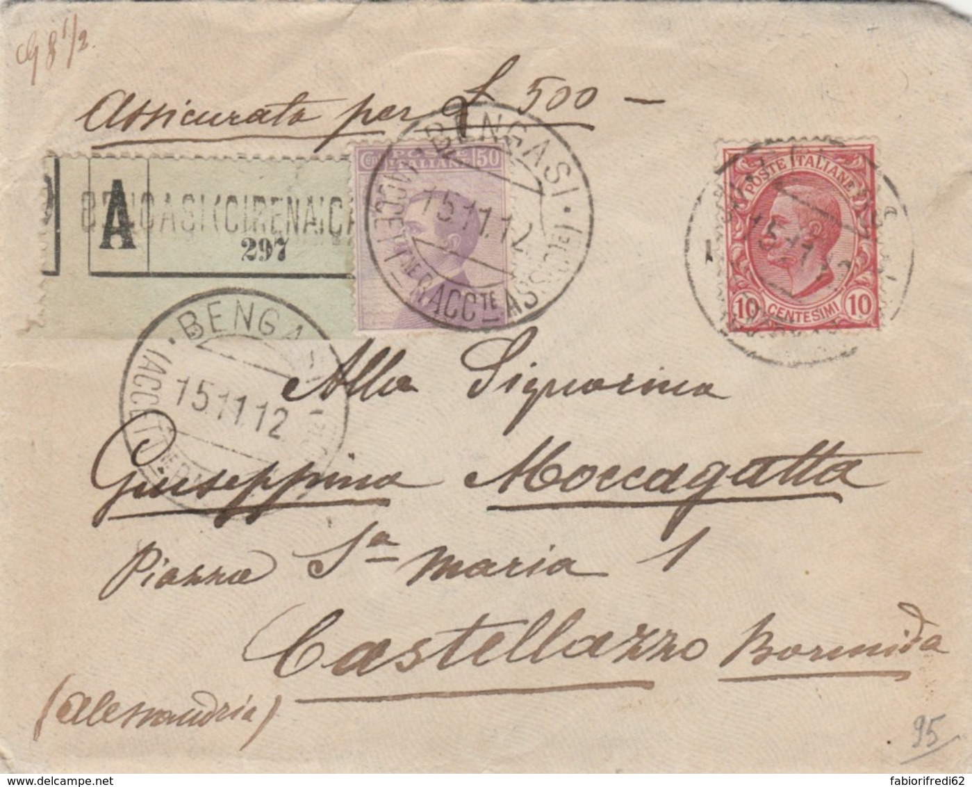 ASSICURATA 1912 10+50 TIMBRO BENGASI - COLONIE ITALIANA - CIRENAICA-COMANDO DELLA BRIGATA PIEMONTE (IX1392 - Storia Postale