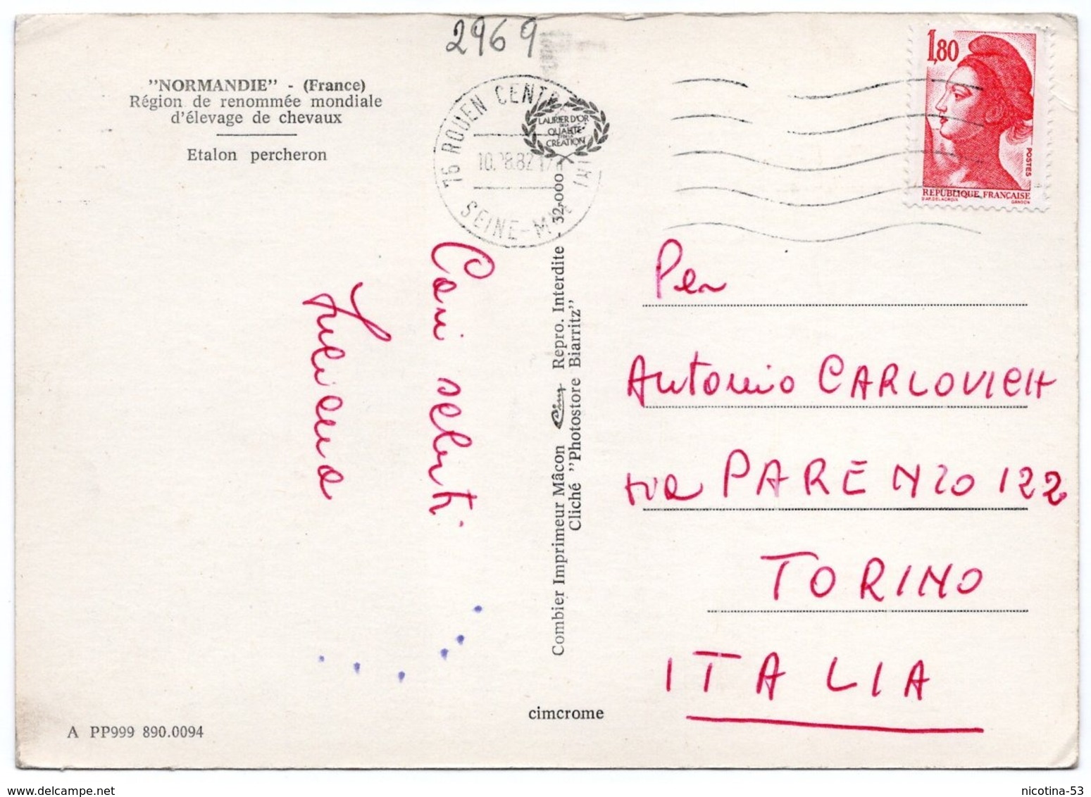 CT-02969- " NORMANDIE " -( FRANCE ) ETALON PERCHERON VIAGGIATA 1982 - Cavalli