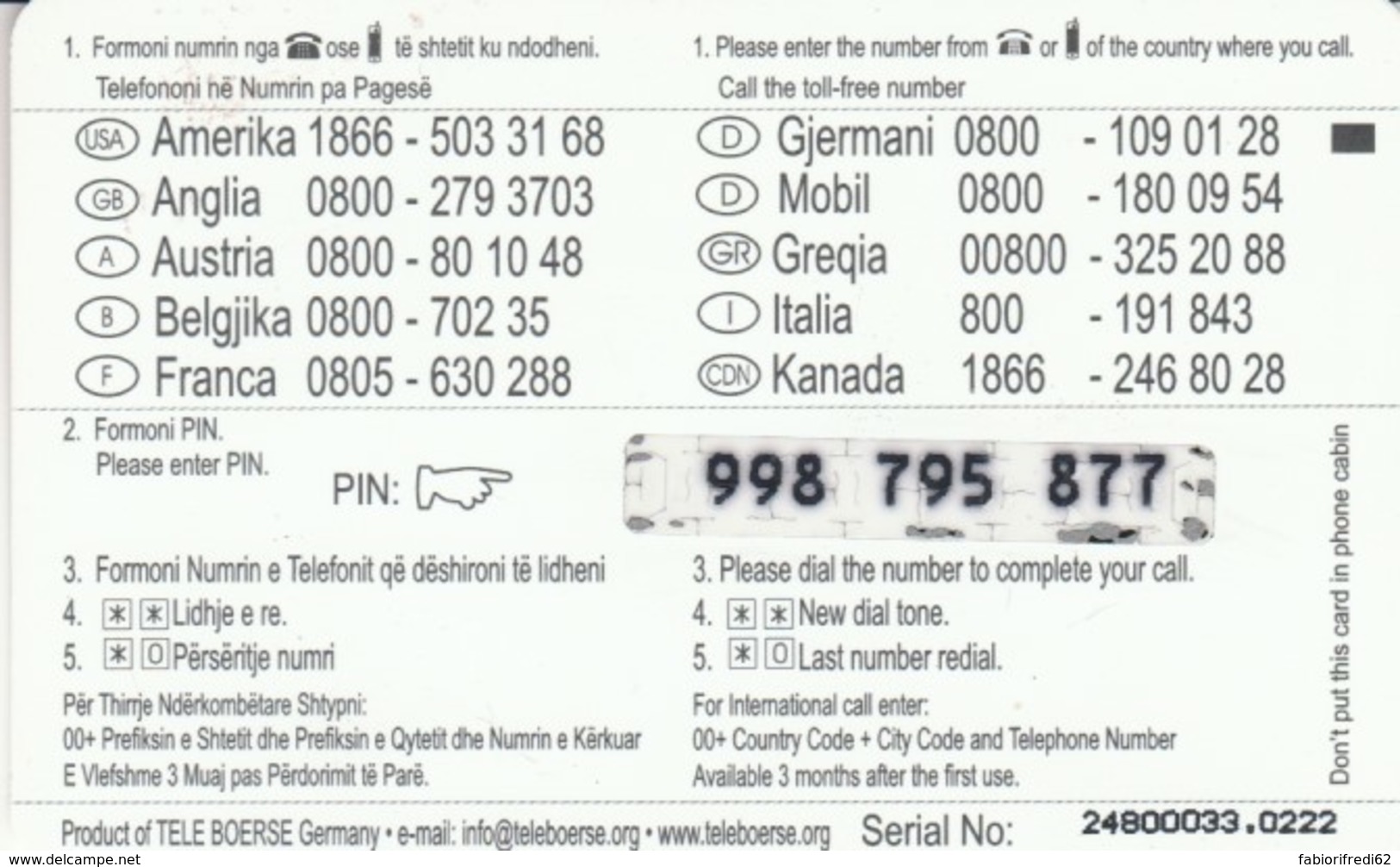 PREPAID PHONE CARD ALBANIA (PK746 - Albania