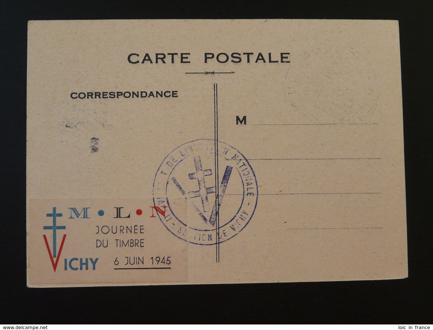 Carte Avec Vignette Mouvement De Libération Nationale Journée Du Timbre Vichy 1945 03 Allier - Expositions Philatéliques