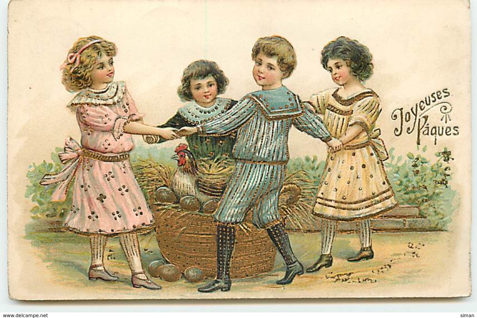 N°13423 - Carte Gaufrée - Joyeuses Pâques - Enfants Faisant Une Ronde Autour D'une Poule - Easter