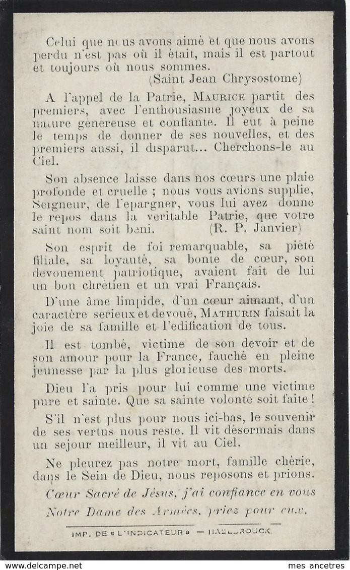 Guerre 1914-frères Morts Pour La France 1914 Et 1916 Aisne Et Meuse--Maurice Et Mathurin DEKEN 43e Et 33eR Nés Bailleul - Décès