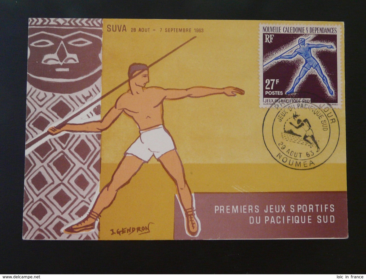 Carte Maximum Card Javelot Javelin Jeux Du Pacifique Sud Nouvelle Calédonie 1963 - Maximum Cards