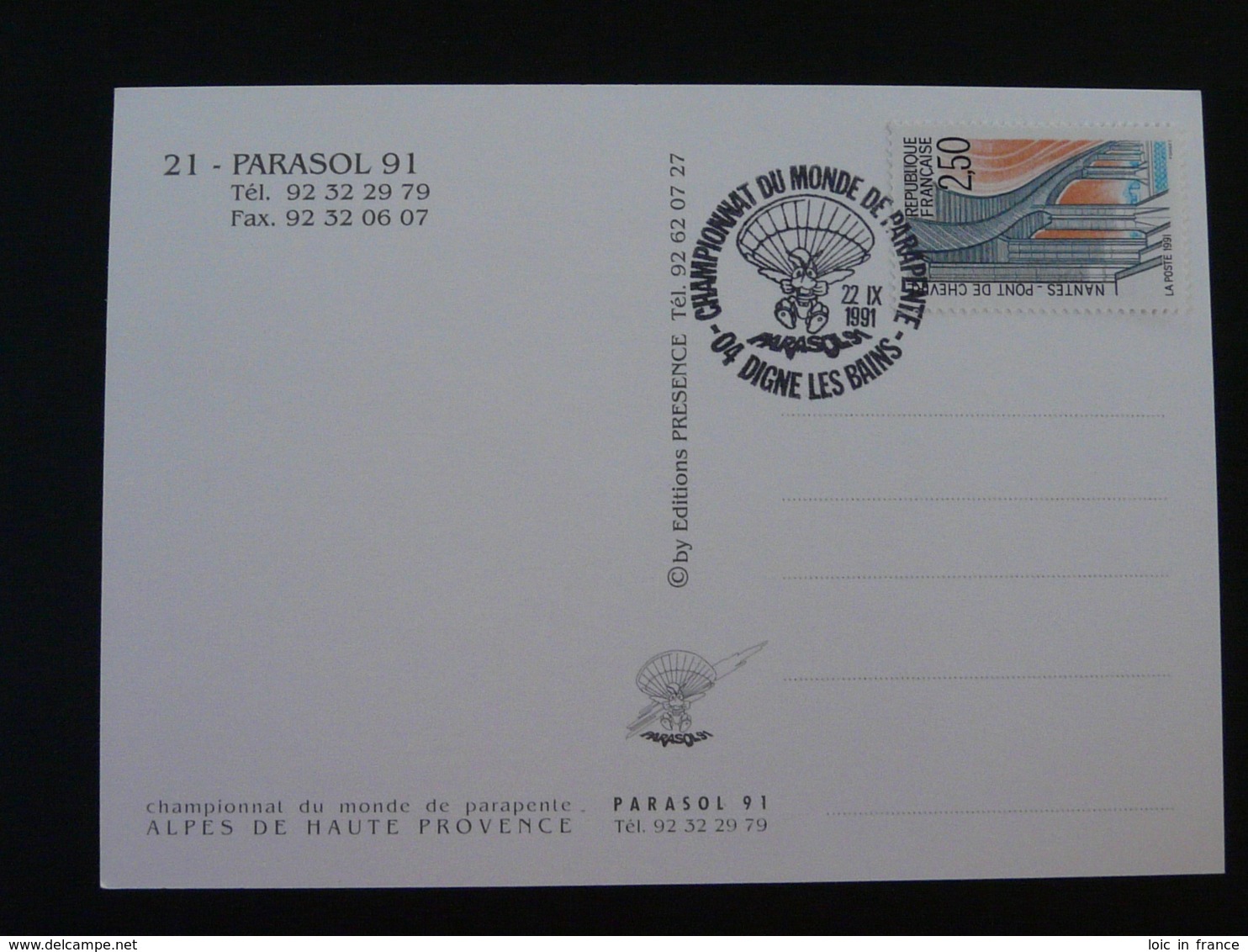 Carte Commemorative Card Championnat Du Monde Parapente 04 Digne 1991 - Parachutting