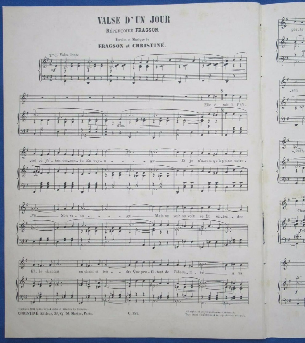 CAF CONC PIANO GF CHANT FRAGSON PARTITION VALSE D'UN JOUR CHRISTINÉ 1912 ILL HP - Autres & Non Classés