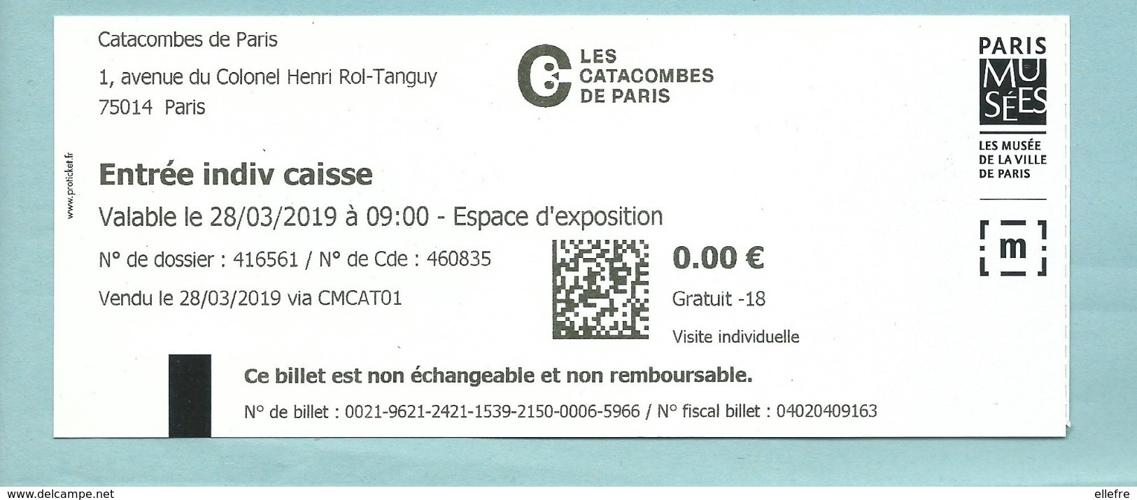 Ticket D'entrée - Les Catacombes De Paris - 2019 - Musée Ville De Paris - Tickets - Entradas