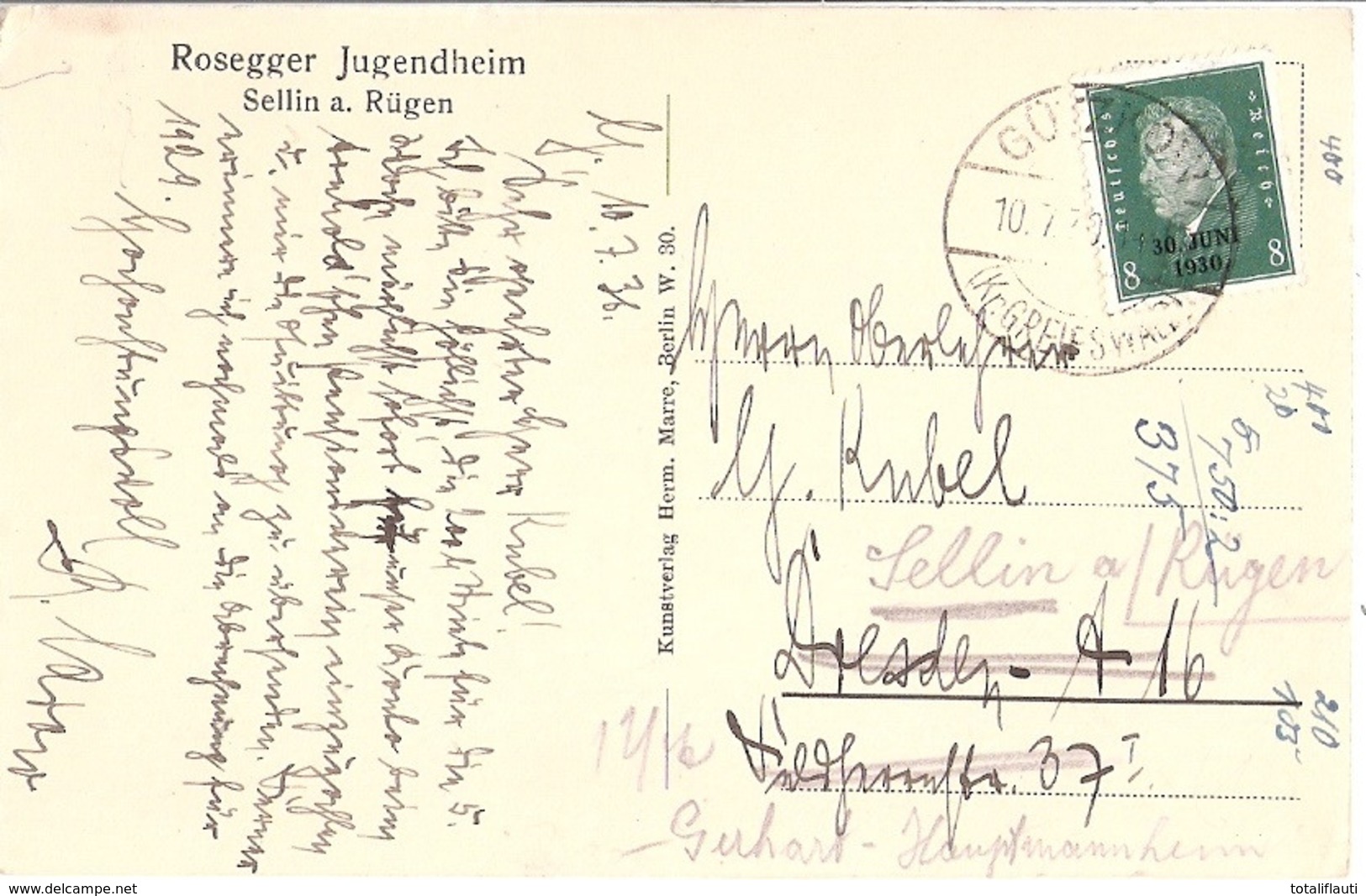 SELLIN Jugendheim Rosegger Beflaggt Gelaufen 10.7.1936 Nach Dresden Weitergeleitet - Sellin