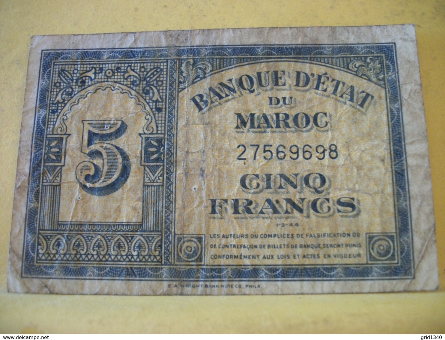 A 2443 BANQUE D'ETAT DU MAROC 5 FRANCS 01. 03. 1944 N° 27569698 - Marocco