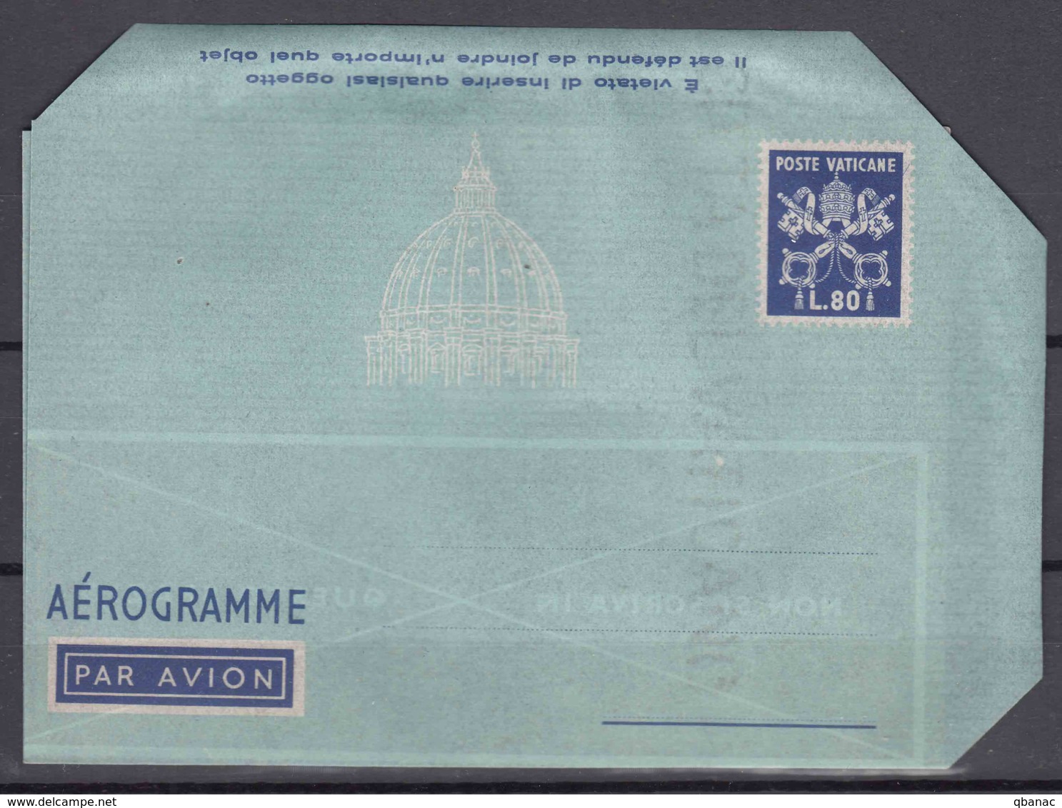 Vatican Aerogramme, Aerogramma 80 Lire Scott#LF6 Watermark Variety, Value 200 Eur - Interi Postali