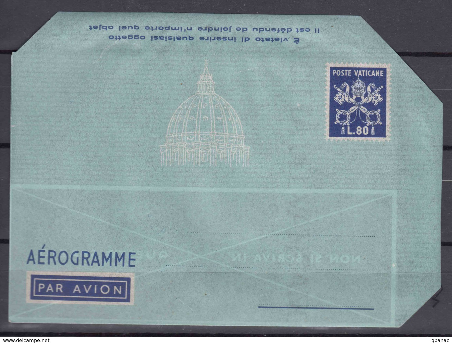 Vatican Aerogramme, Aerogramma 80 Lire Scott#LF6 Watermark Variety, Value 200 Eur - Postal Stationeries