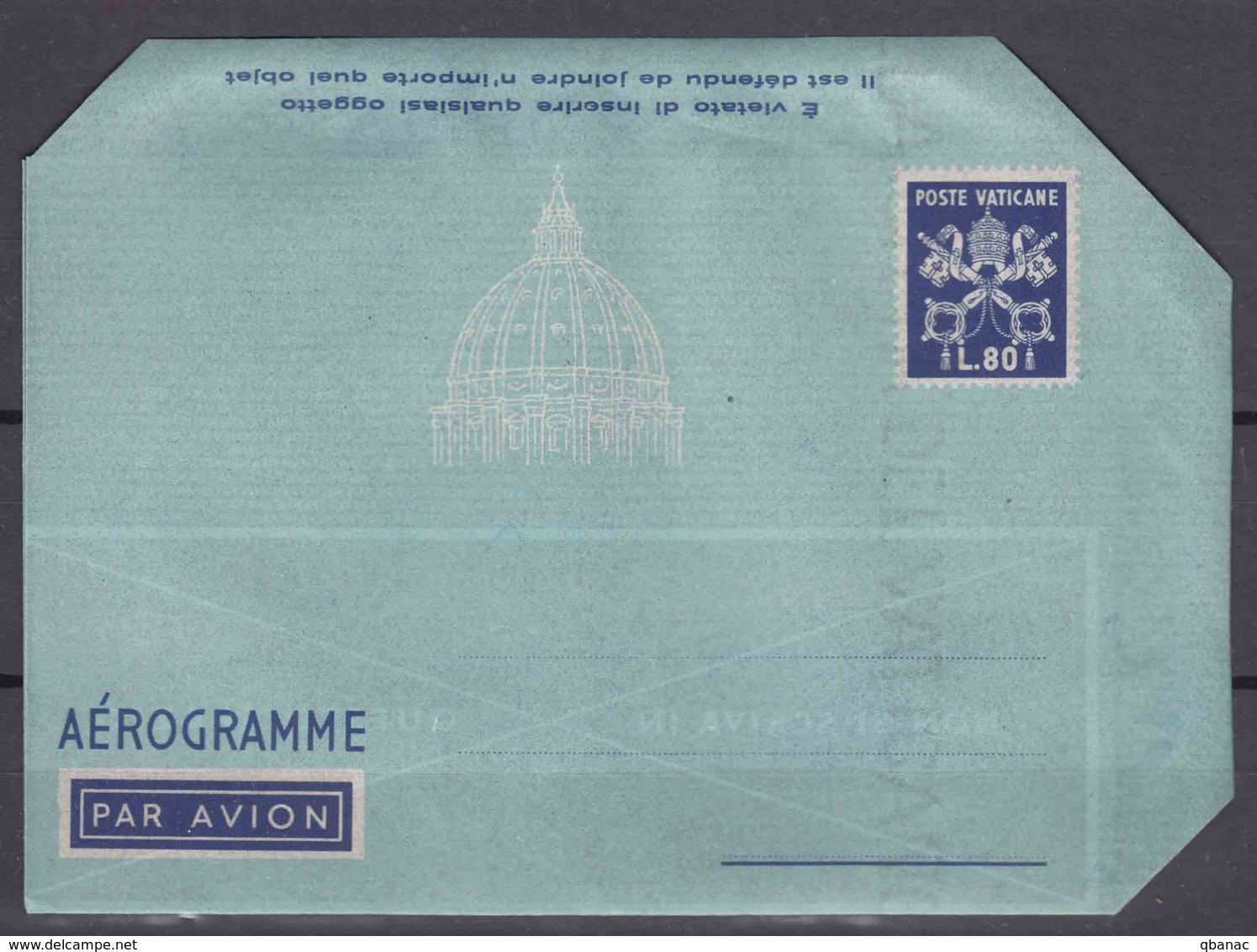 Vatican Aerogramme, Aerogramma 80 Lire Scott#LF6 Watermark Variety, Value 200 Eur - Ganzsachen