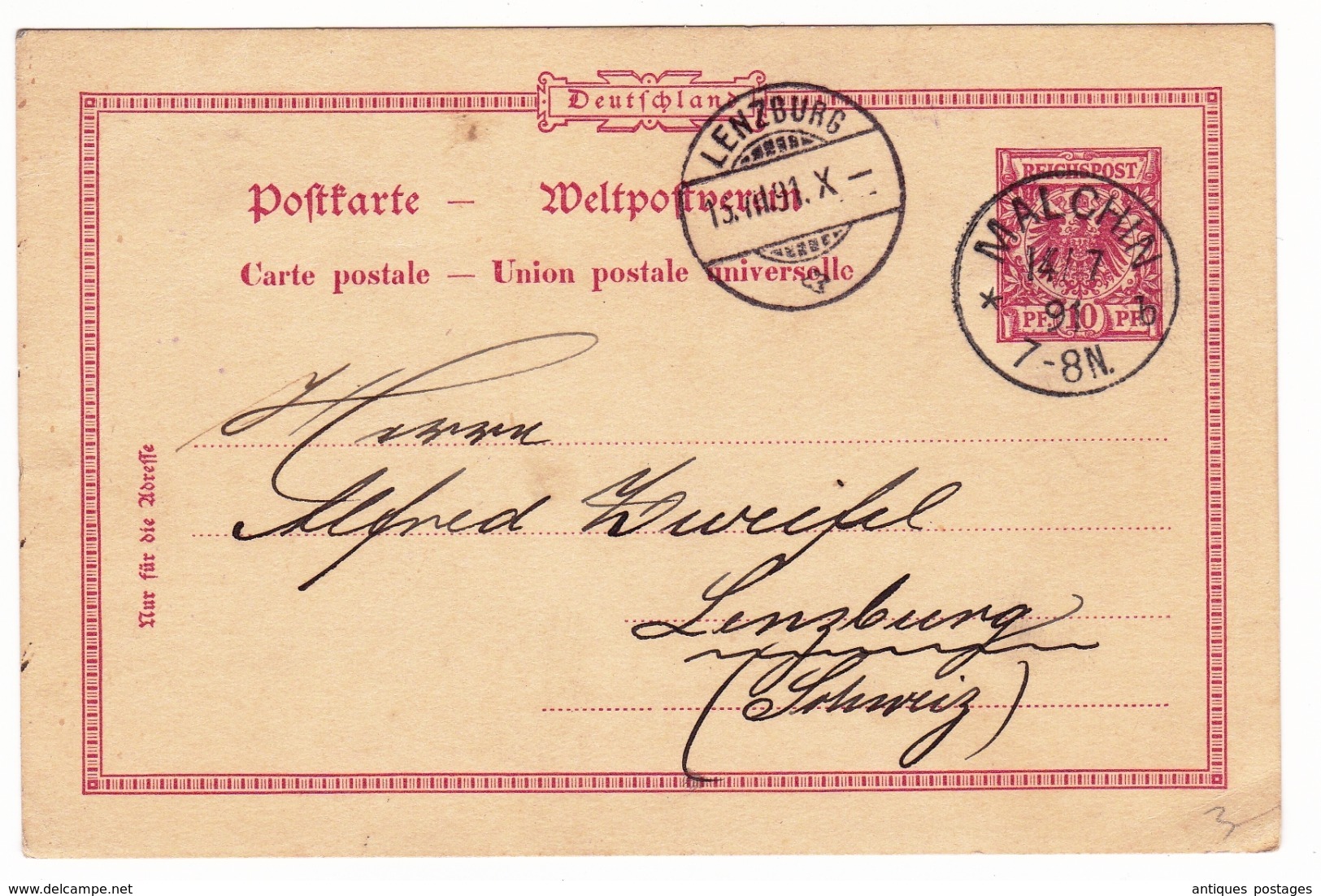 Postkarte 1891 Malchin Deutschland Lenzburg  Lenzbourg Suisse Schweiz Entier Postal - Briefe U. Dokumente