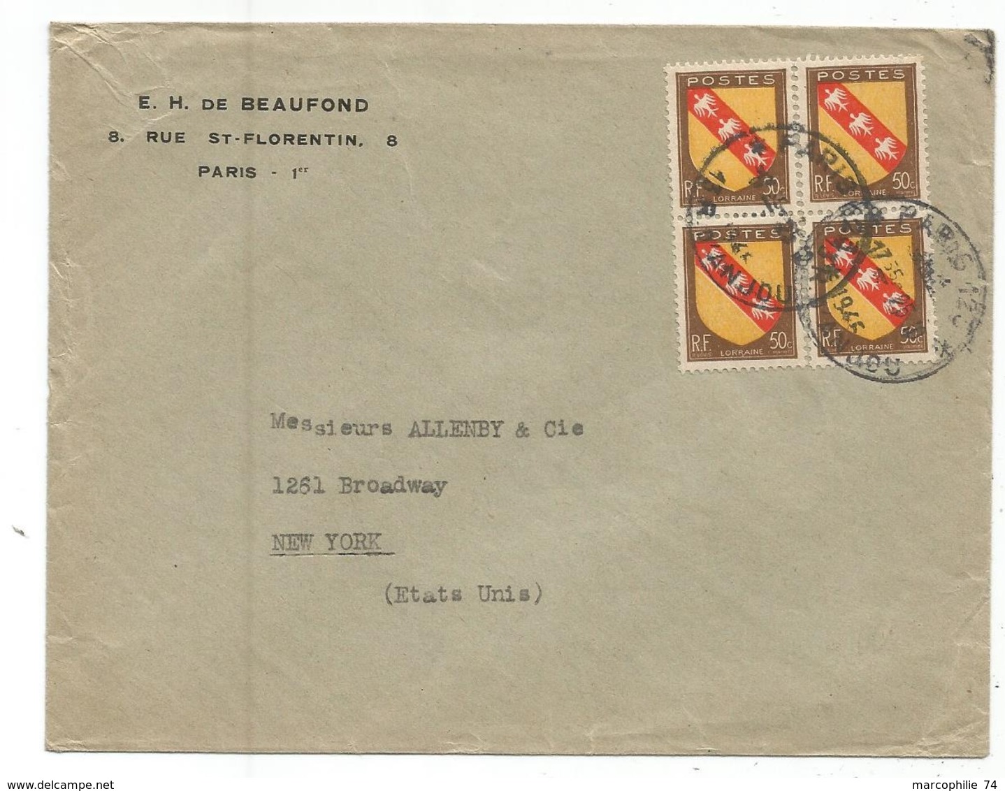 BLASON 50C LORRAINE BLOC DE 4 LETTRE PARIS 1946 POUR USA  AU TARIF IMPRIME - 1941-66 Coat Of Arms And Heraldry