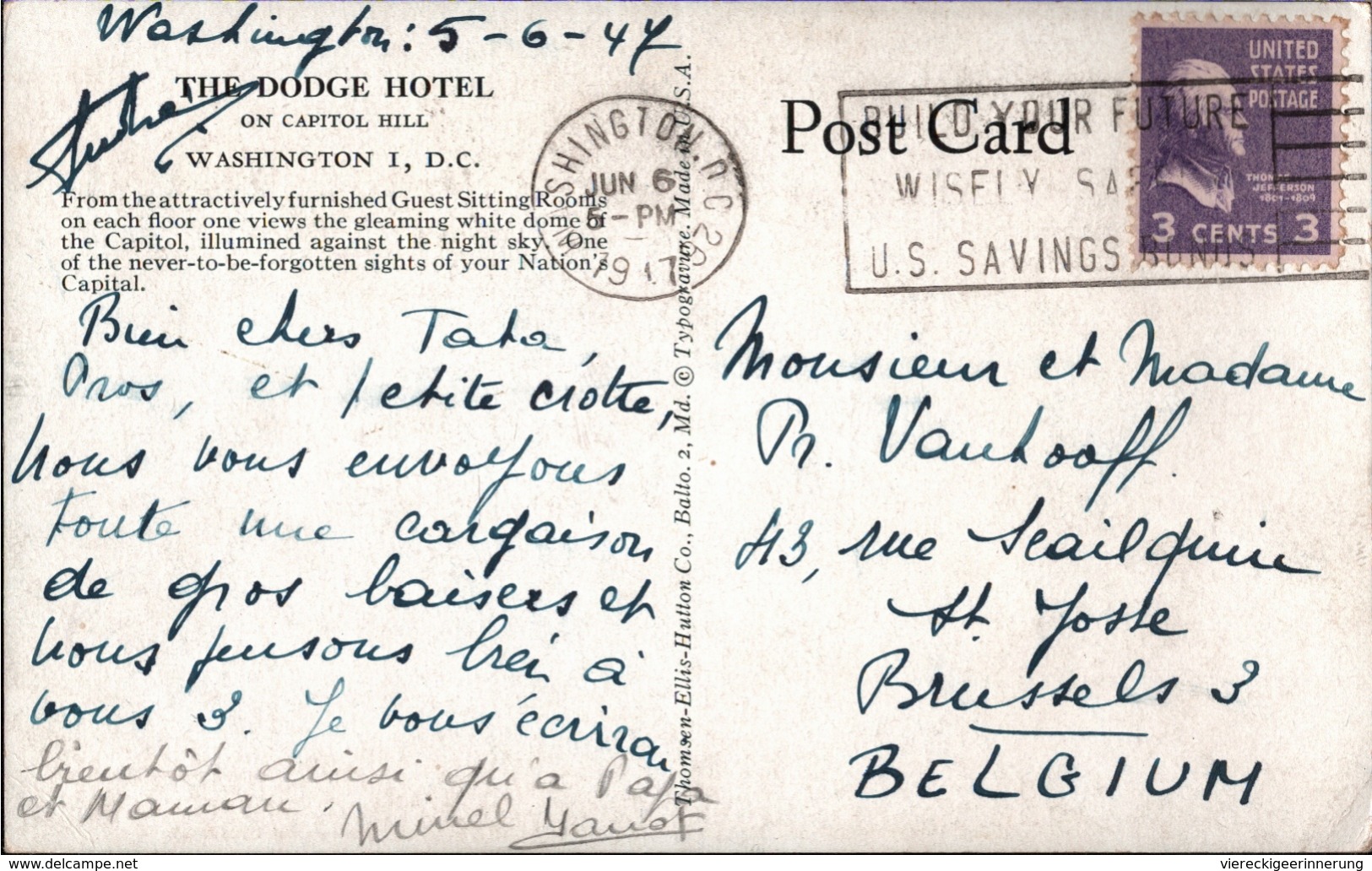 ! Postcard Washington, The Dodge Hotel, 1947 - Washington DC