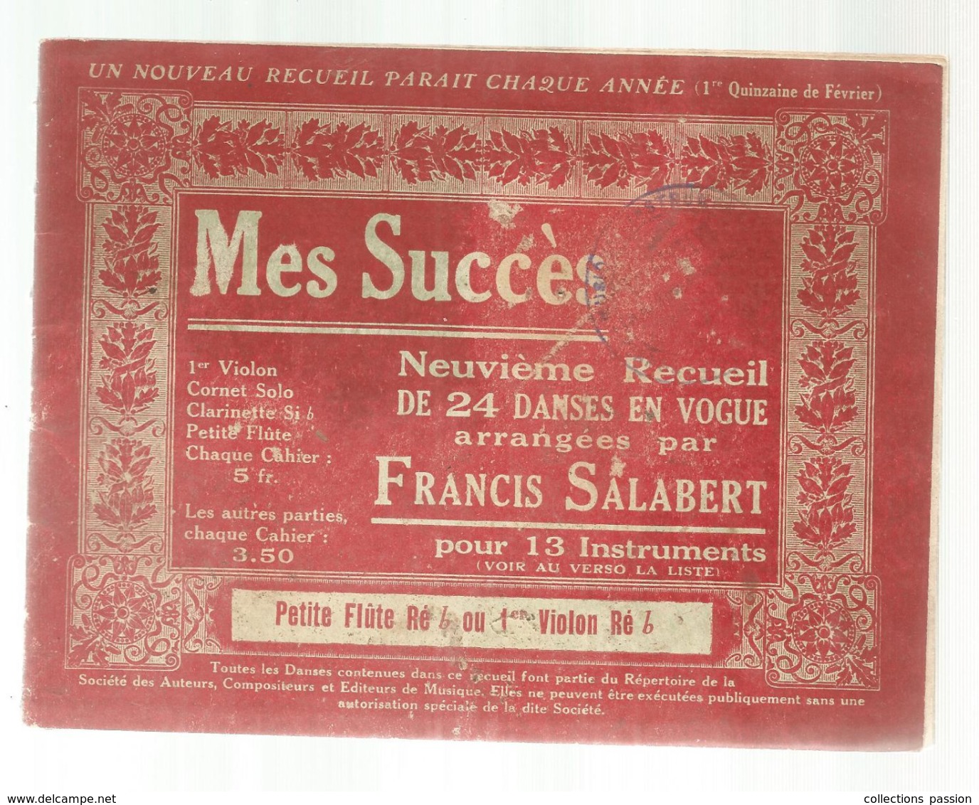 Partition Musicale Ancienne , MES SUCCES , Francis SALABERT ,9 E Recueil De 24 Danses, Petite Flûte Ré B Frais Fr 2.50 E - Spartiti