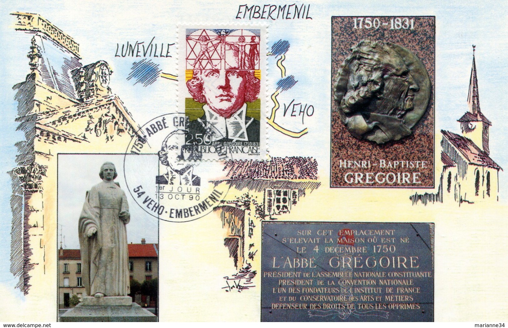 France-FDC-1990-yt 2668-abbé Grégoire-carte (édition Spéciale Club De Lunéville) - 1990-1999