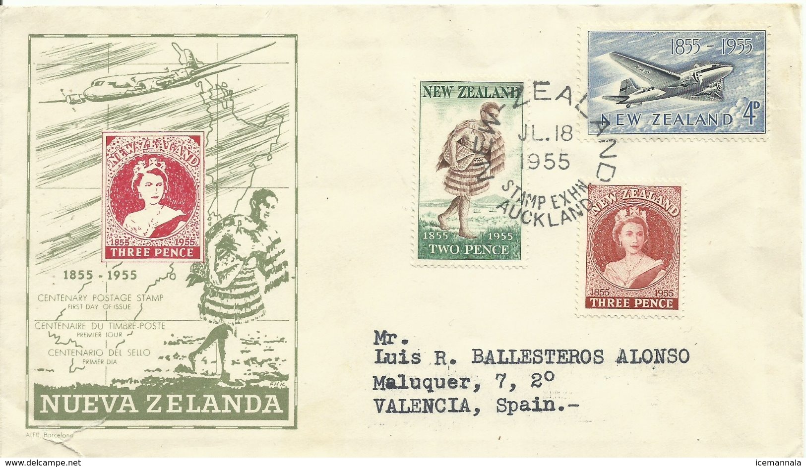 NUEVA ZELANDA, CARTA DIRIGIDA A  ESPAÑA  AÑO  1955 - Cartas & Documentos