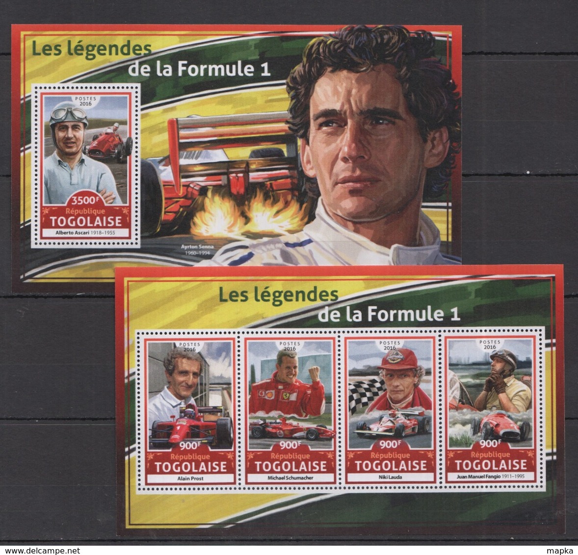 TG041 2016 TOGO TOGOLAISE TRANSPORT CARS LEGEND FORMULA F1 SCHUMACHER ASCARI PROST KB+BL MNH - Voitures