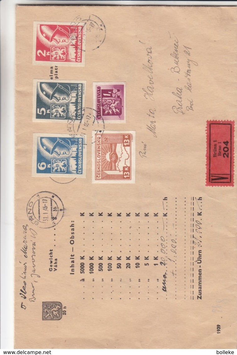 Tchècoslovaquie - Lettre Valeur Déclarée De 1946 ° - Oblit Brno - Exp Vers Praha - Soldats - Covers & Documents