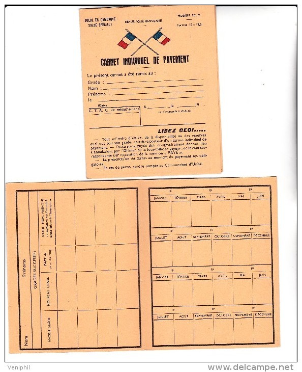 CARNET INDIVIDUEL DE PAYEMENT  MILITAIRE -NEUF - Ohne Zuordnung