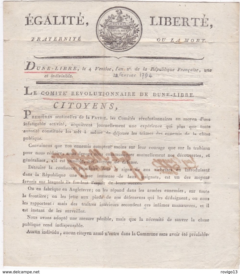 France, Nord - 57/Dune Libre, Nom Révolutionnaire De Dunkerque Sur Imprimé Du Comité Révoluti. De L' An 2 - Indice 17 - 1701-1800: Précurseurs XVIII