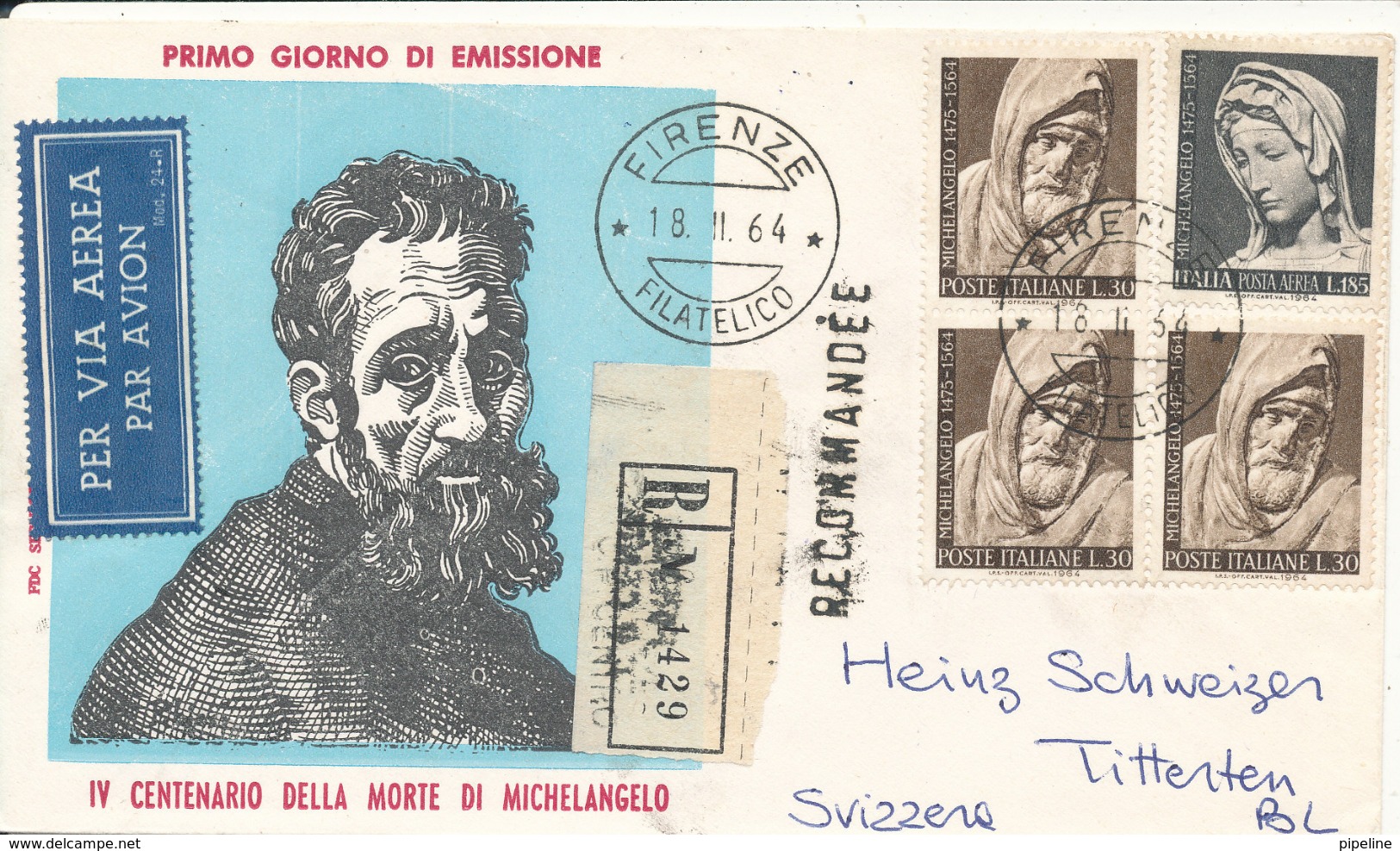 Italy Registered Cover Michellangelo On FDC With Cachet Sent To Switzerland Firence 18-2-1964 - FDC