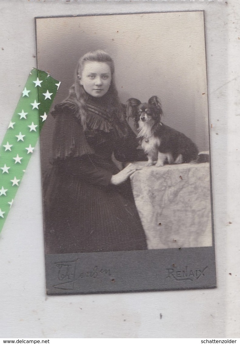 Card De Visite, Visitekaart Fotograaf Th. Jensen, Ronse, Renaix; Vrouw Met Hondje, Grootte 6cm Op 10cm - Zonder Classificatie