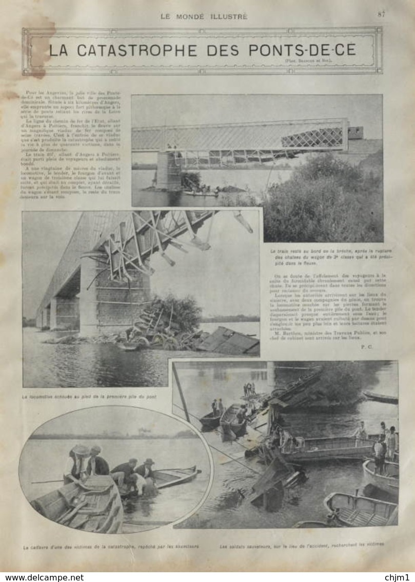 La Catastrophe De Ponts-de-Ce - Le Train Resté Au Bord De La Brêche - Page Original - 1907 - Documents Historiques