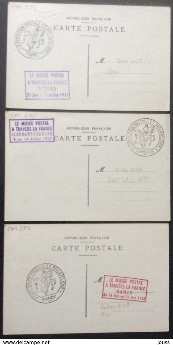 CM394 Lot 3 Carte Maximum Exposition Postale Et Philatélique Nancy Tours Clermont-Ferrand 1950 T 865 Et 810 - 1950-1959