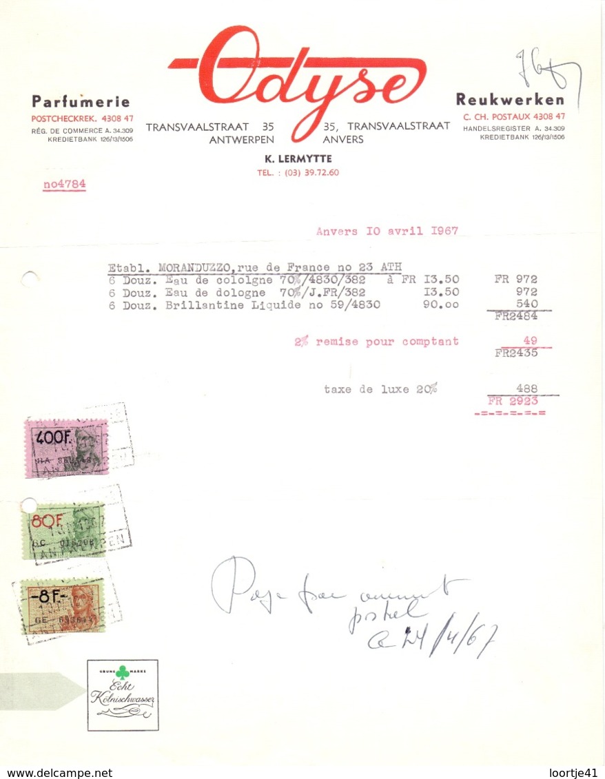 Factuur Facture - Parfumerie Odyse - Antwerpen 1967 - Perfumería & Droguería