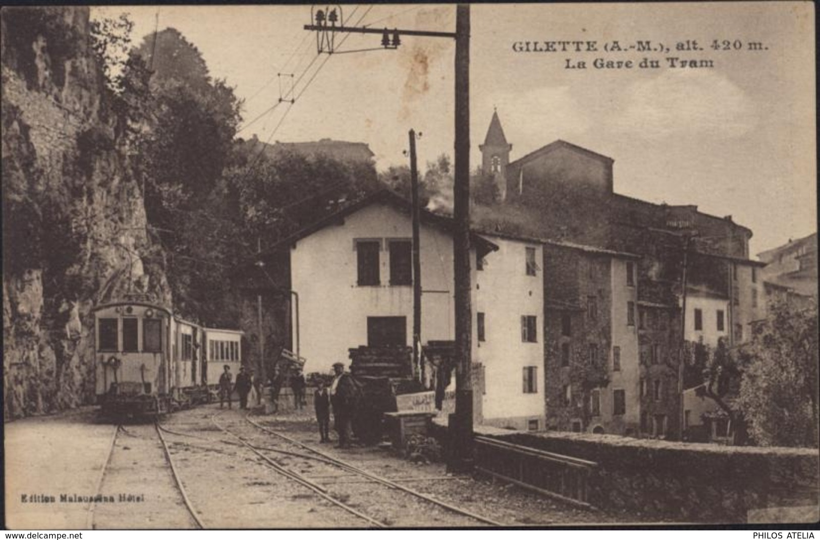 CPA Gilette Alpes Maritimes 06 La Gare Du Tram Tramway Editions Malaussena Hôtel Voyagée 1927 - Autres & Non Classés