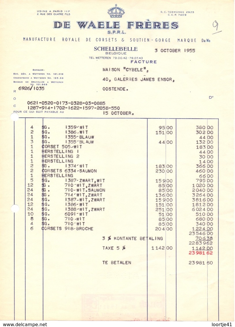 Factuur Facture - Corsets De Waele Frères - Schellebelle 1955 - Petits Métiers