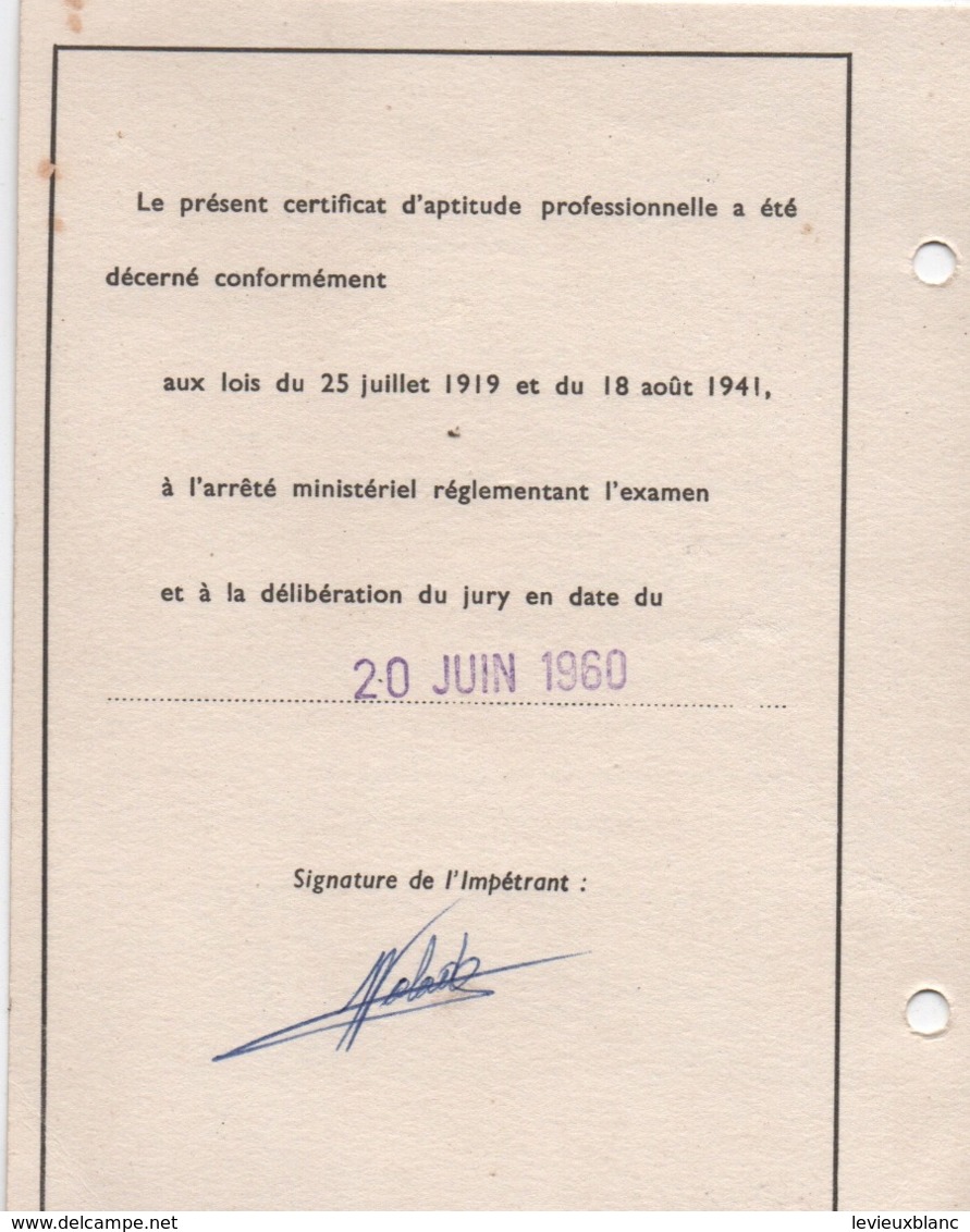 Ministére De L'Ed. Nationale Jeunesse Et Sports/Certificat D'aptitude Professionnel/Radio-électricien/NORD/1960   CAH291 - Diplomas Y Calificaciones Escolares