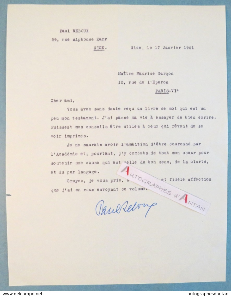 Paul REBOUX 1961 - écrivain Peintre - Lettre à Maurice Garçon - Nice Rue Alphonse Karr - Académie Française - Autographe - Writers