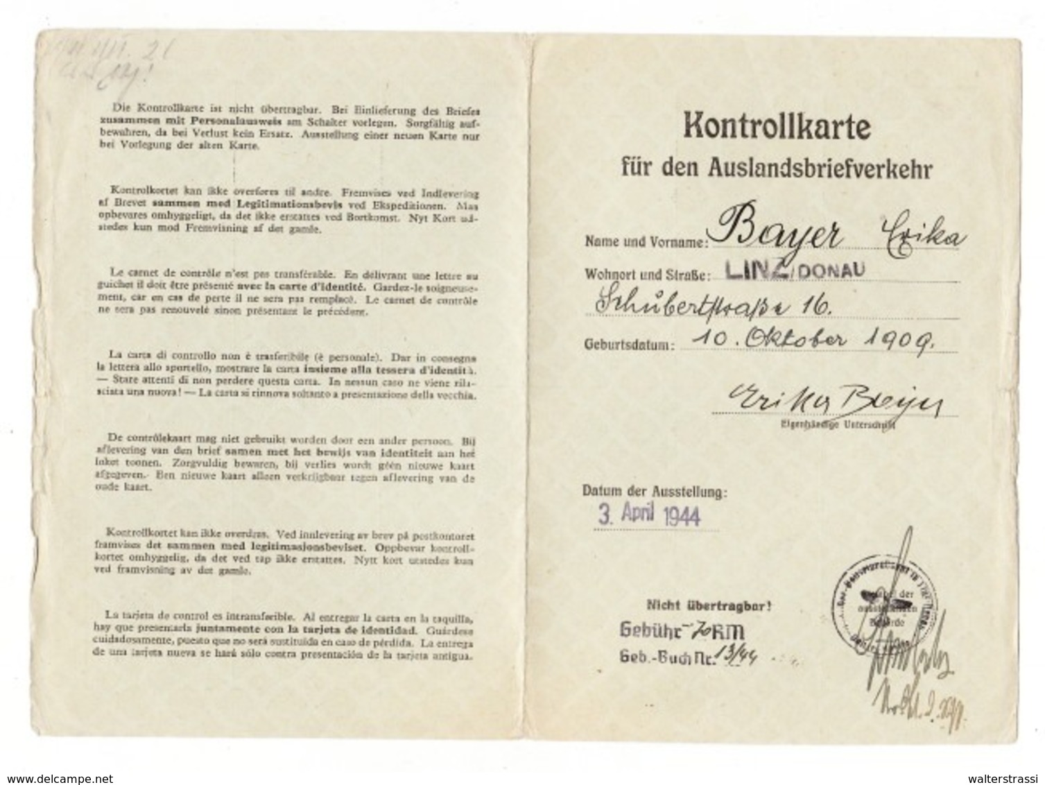 III. Reich, Ostmark, Kontrollkarte Für Den Auslandsbriefverkehr, LINZ / Donau - Briefe U. Dokumente