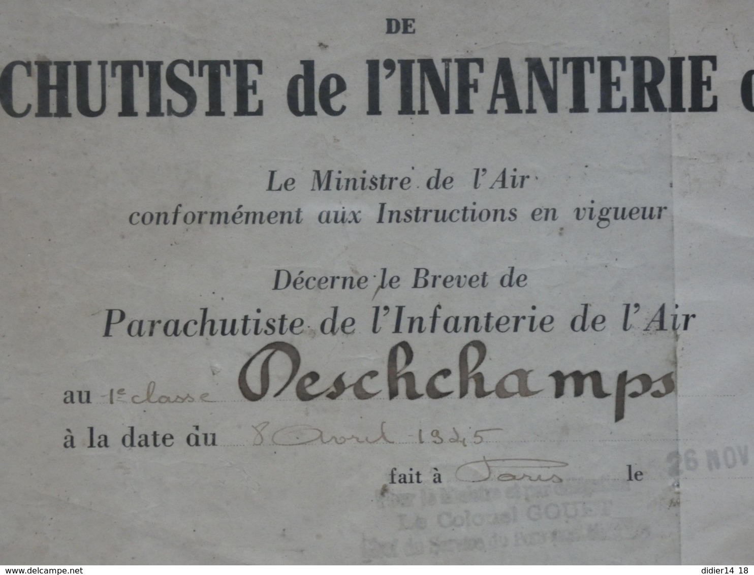 DIPLOME BREVET PARA N°2843 DE 1945. PARACHUTISTE INFANTERIE DE L'AIR. - Documents