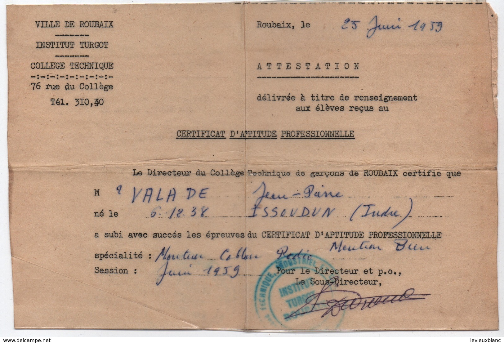 Ville De ROUBAIX/Institut Turgot/Collége Technique/Certificat D'aptitude Professionnelle/Monteur Cableur/1959  CAH292 - Diplômes & Bulletins Scolaires