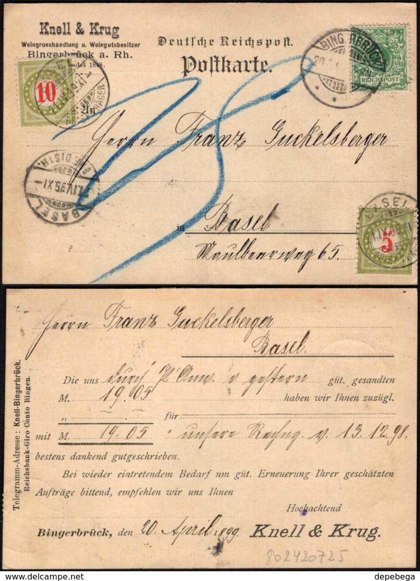 Germany - Knell & Krug Weingrosshandlung U. Weingutbesitzer. Portomarken. Bingerbrück 20.4.1899 - Basel, Switzerland. - Covers & Documents