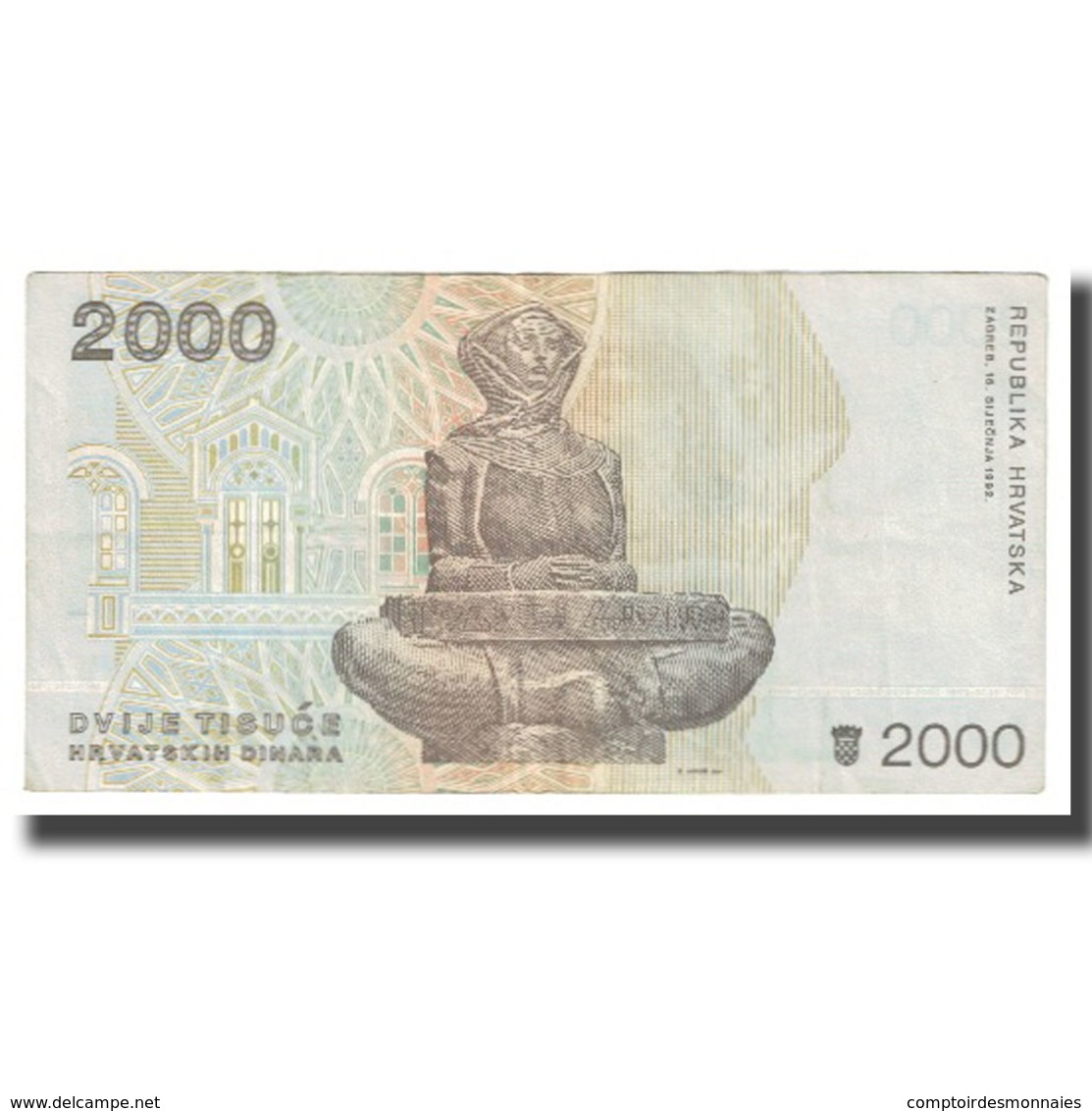 Billet, Croatie, 2000 Dinara, 1992, 1992-01-15, KM:23a, TTB - Kroatië