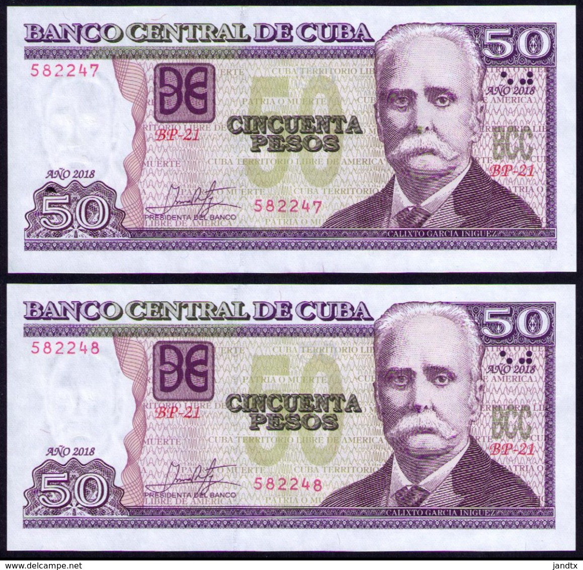 CUBA 50 PESOS 2018 SC-UNC PAREJA CORRELATIVA PICK 123L ULTIMA SERIE EMITIDA. - Cuba